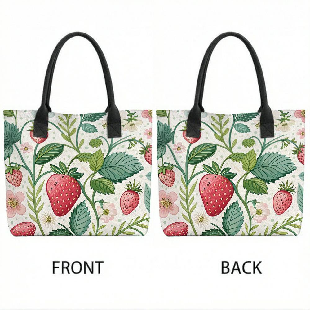 Cute Strawberry Printed Canvas Tote Bag for Women Casual Large Capacity Reusable Shopping Shoulder Handbag for Daily Use