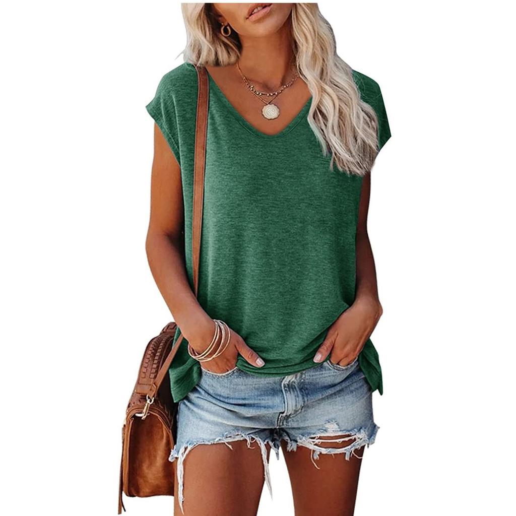 Womens' Fashionable And Casual Solid-color Basic V-neck Short-sleeved Top