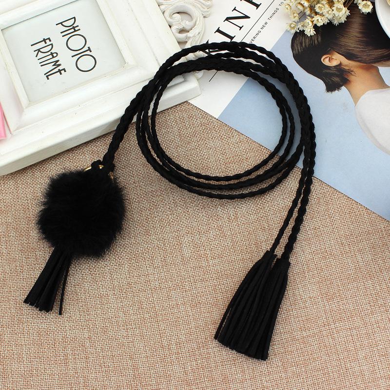 Women's korean style dress - ethnic style tassel pom-pom thin waist chain - girls' braided waist cord