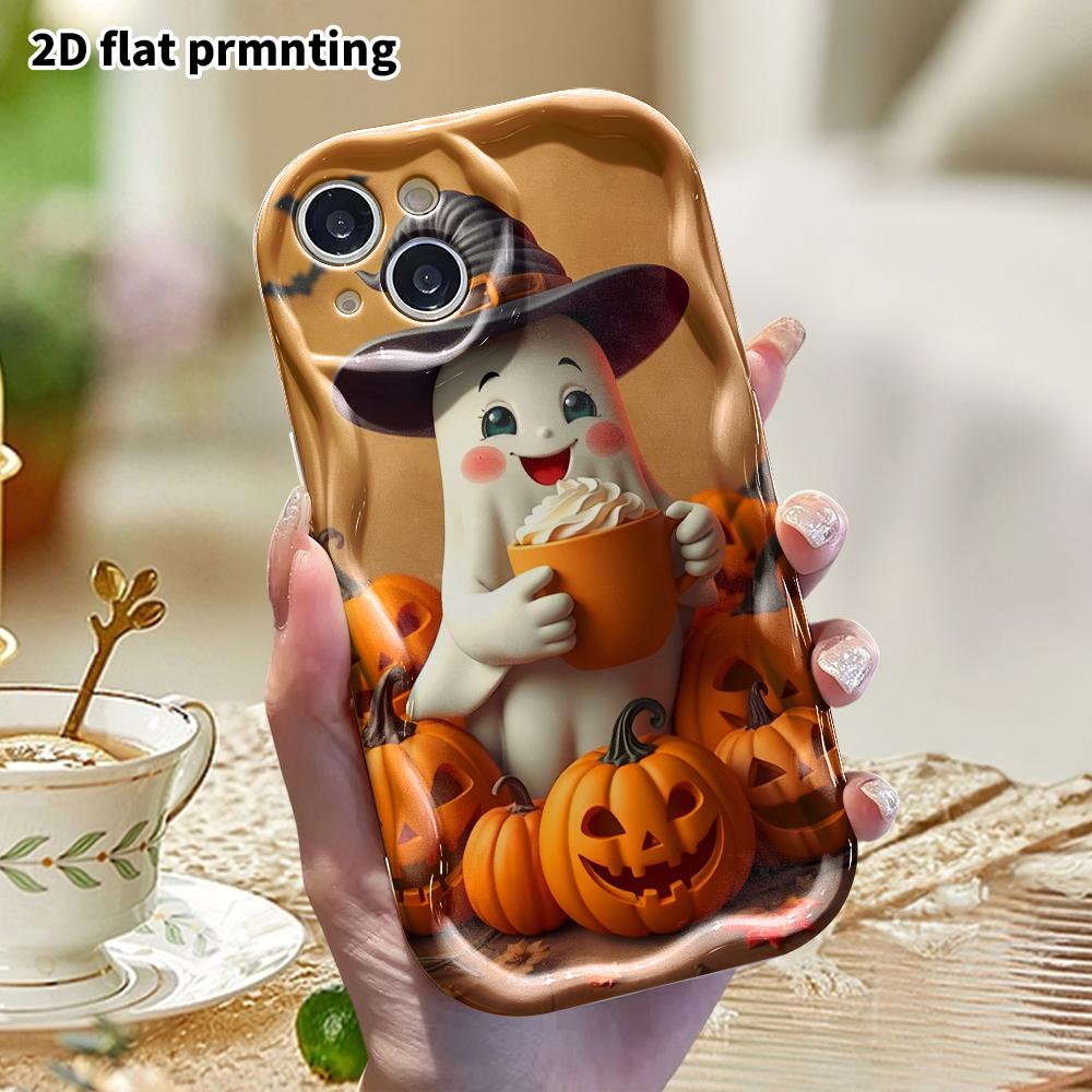 Phone Case: 2D Flat Design, Suitable for Protective Cases for iPhone 18, 17, 16, 15, 14, 13, 12 Pro; Phone Decoration, Holding a Hot Drink Little Ghos
