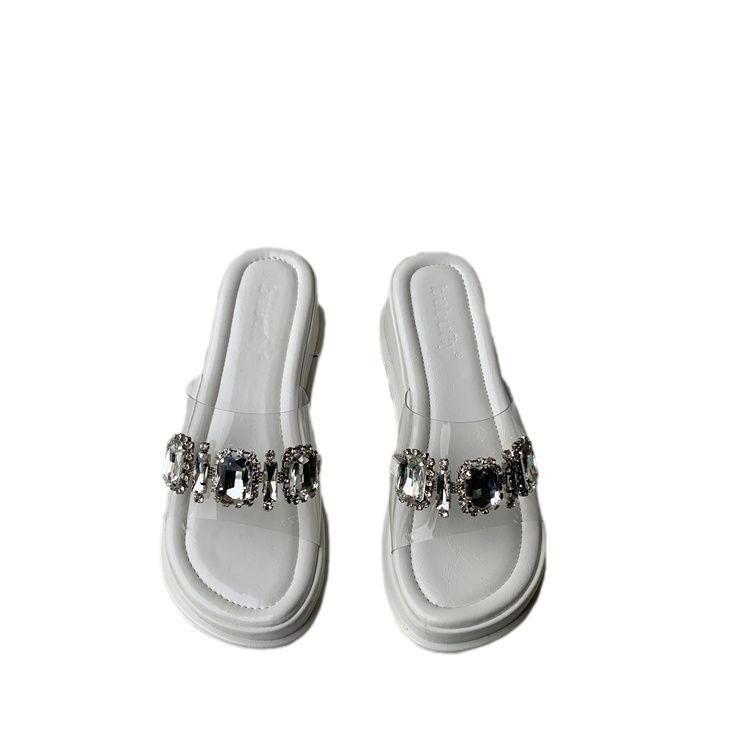 Muffin Thick-soled Wedge Slippers Female Summer Wear Internet Celebrity Fairy Wind Transparent Rhinestone Word with Sandals High Heel Sandals