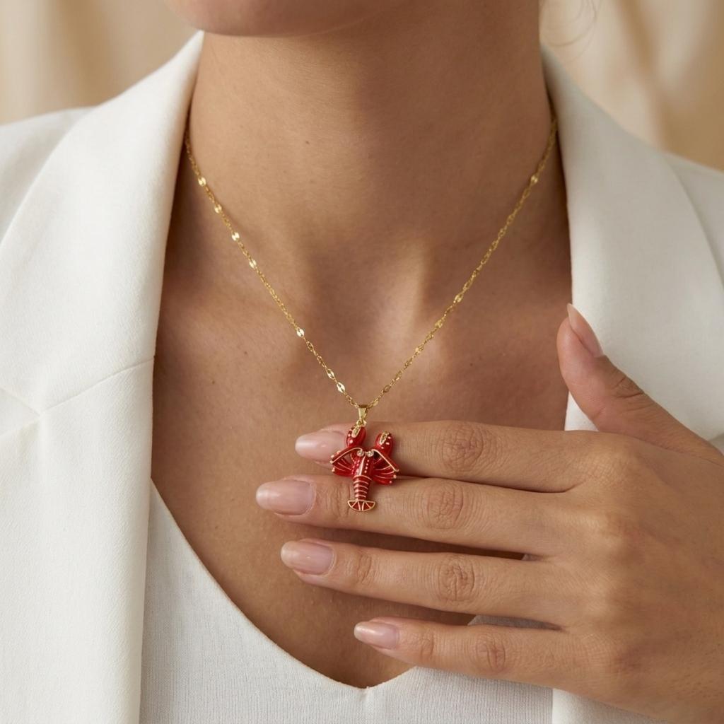 Summer Zircon Shell Pendant Necklace For Women Men Sea Animal Red Lobster Crab Stainless Steel Chain Collarbone Choker Jewelry