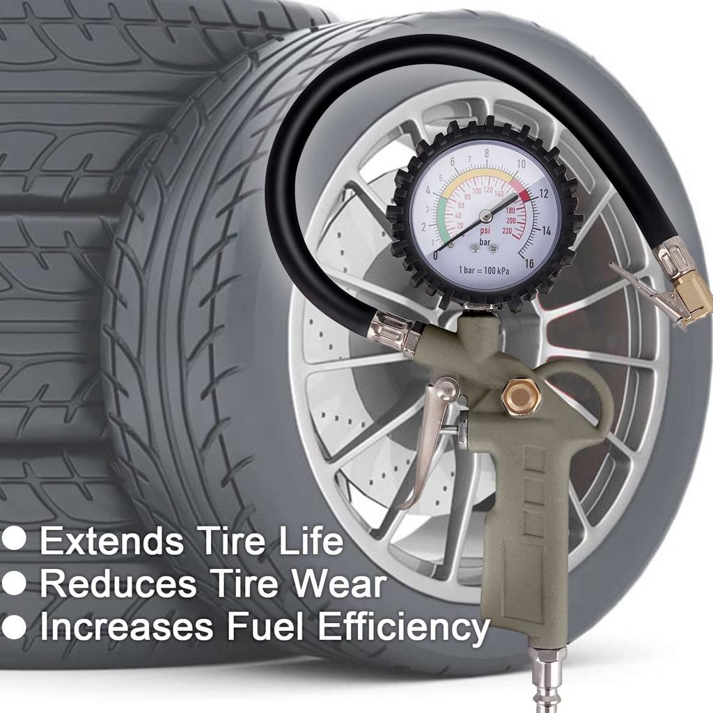 Tire Inflator With Pressure Gauge, 0-220PSI Dial Wheel Air Tire Pressure Gauge, Heavy Duty Rubber Hose With Quick Coupler, Air Compressor Tire