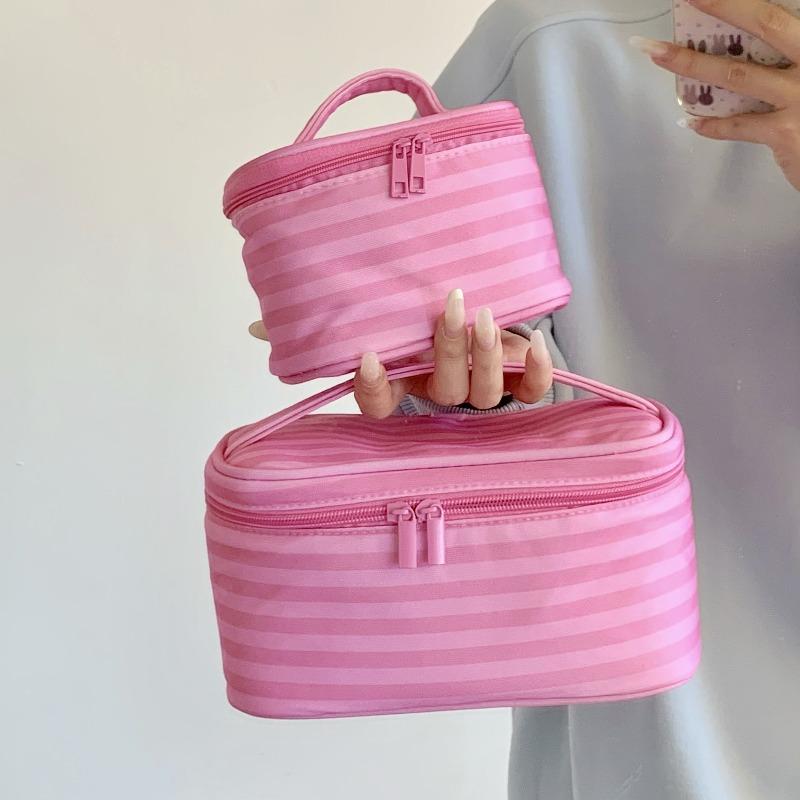 Pink Striped Large Capacity Portable Travel Makeup Bag with Mirror Hand Held Toiletry Organizer Pouch for Women Female Gift