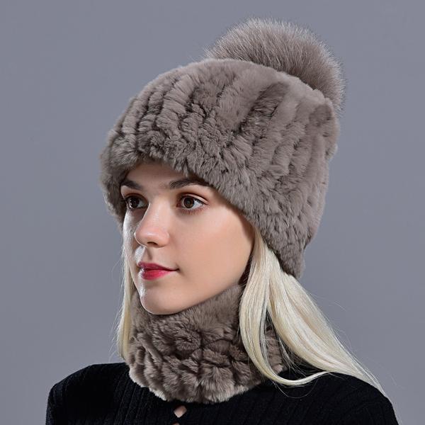 Rabbit Fur Pompom Hat Ring Scarf Set Women's Winter Fashionable Natural Fur Knitted Caps Neck Warmers for Girls Female