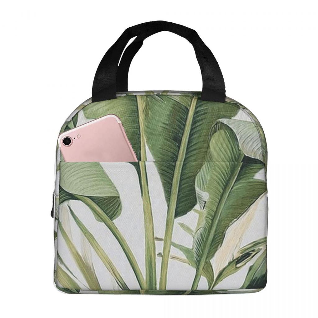 Green Tropical Leaf Print Insulated Lunch Bag for Kids School Cooler Thermal Food Box Tote Portable Lunch Boxes Container