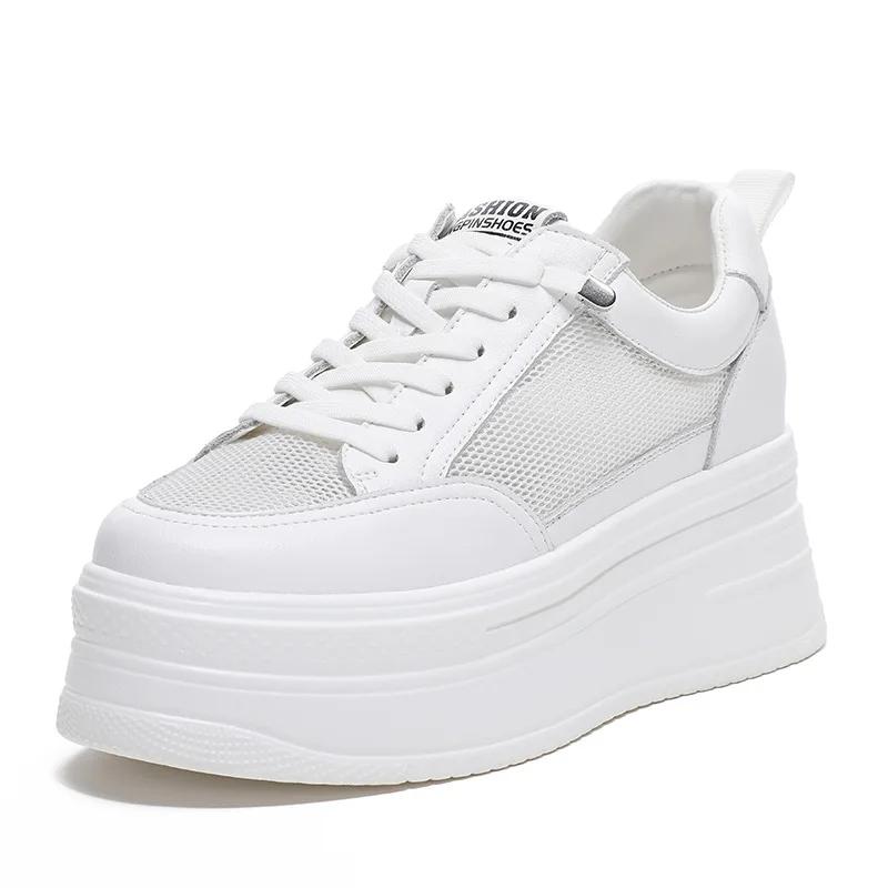 

Модные 8 см натуральная кожа сетчатая женская повседневная обувь белые розовые туфли на платформе с танкеткой и скрытым каблуком белые туфли массивные кроссовки для скейтборда 39