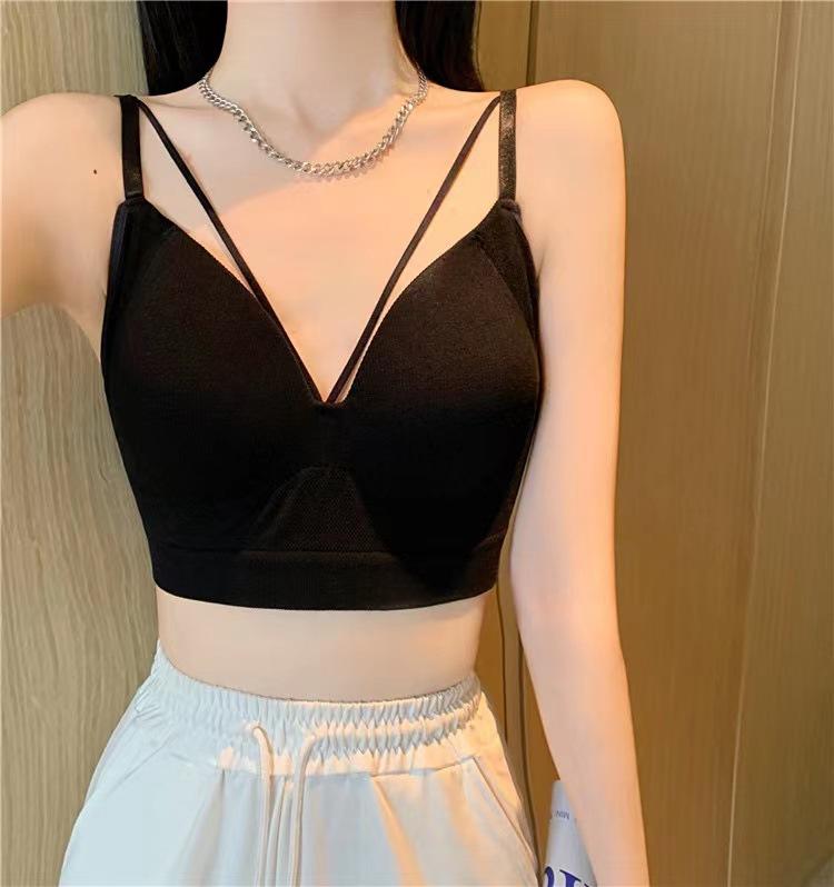 New One-piece Cup Careful Machine Double Shoulder Small Suspender Deep V Chest Wrap Vest Versatile Inner Wear Outer Wear Gather Tube Top Women