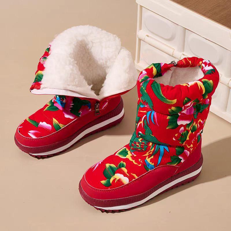 Winter Snow Boots Big Flower Women's Tall Tube Waterproof and Non-slip Outdoor Skiing Thickened Warm Cotton Shoes