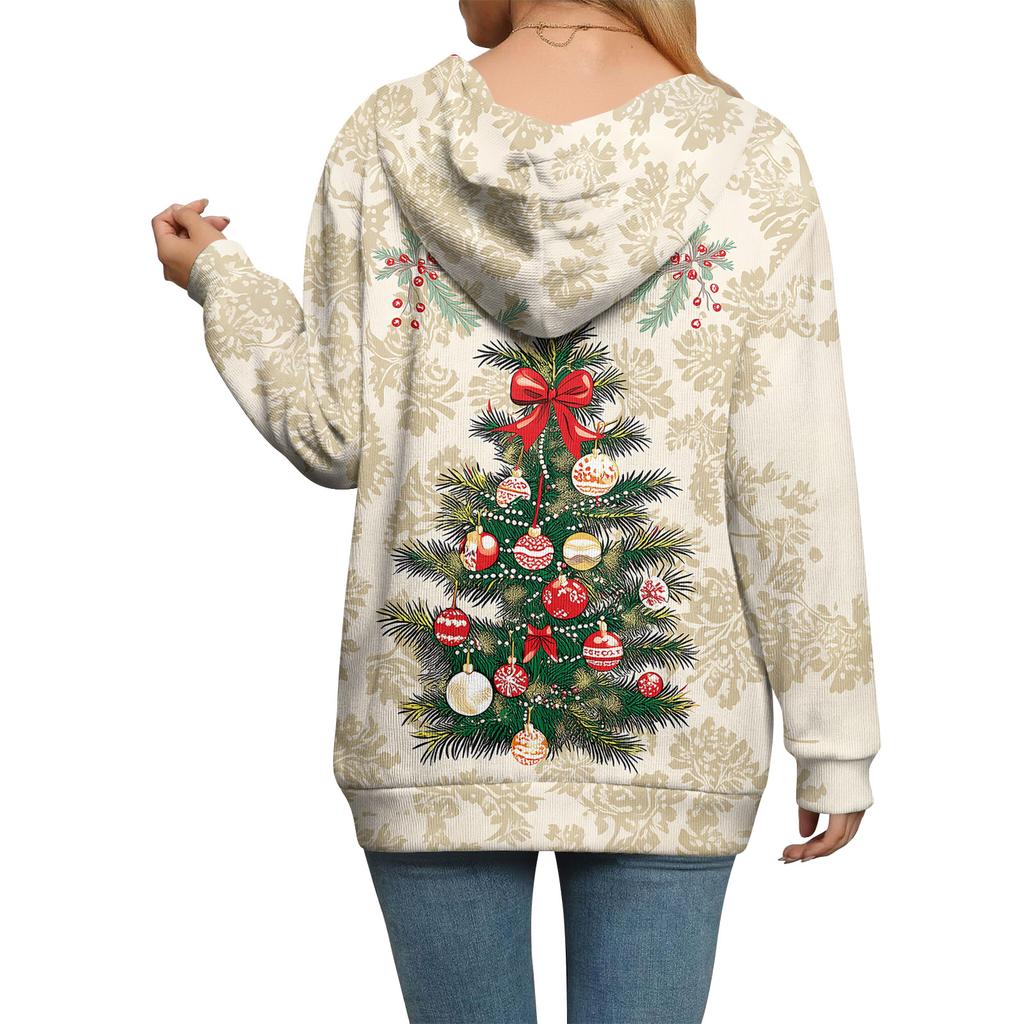 Sudadera con capucha de punto casual para mujer de moda con cremallera y manga larga con estampado navideño