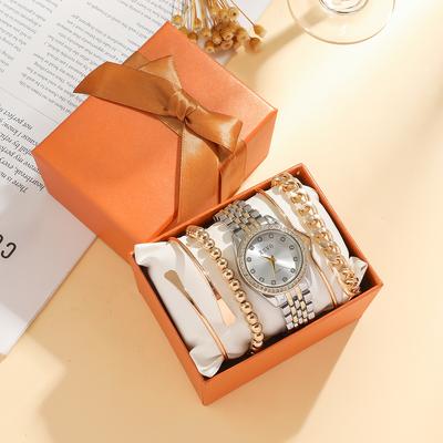 Keine Geschenkbox Neuer Stil Stahlarmband leichte Luxusmode Quarzarmbanduhr Perlenstrang Armband 5-teiliges Set