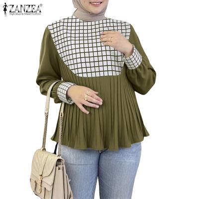 Women Casual Round Neck Plaid Print Patchwork Long Sleeve Blouse