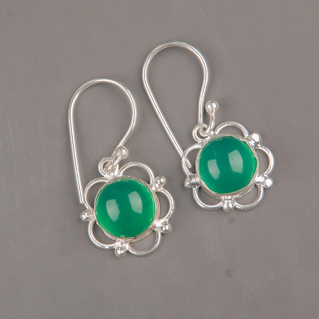 Natural Green Onyx Cab Gemstone 925 Sterling Silver Hnadcrafted Earrings 1.40" EE-56-28