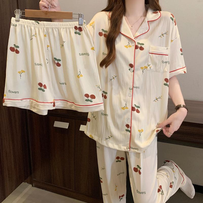 Wrinkled Pajamas Girls Summer Little Cherry Short-Sleeved Three-Piece Fashion Lapel Loungewear Can Be Worn Outside