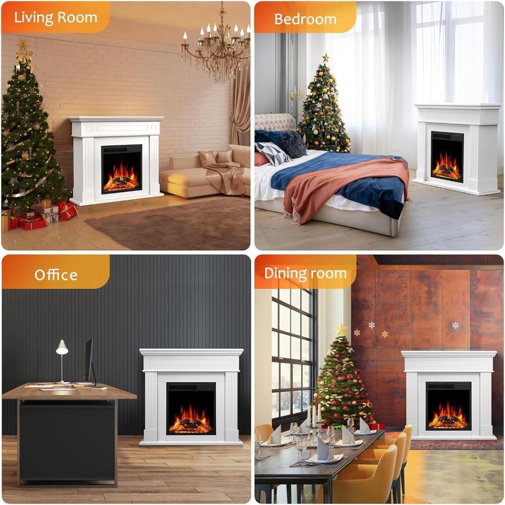 43 Inch Fireplace TV Stand with Mantel - Electric Fireplace Heater, Wooden Entertainment Center, Adjustable LED Flame, Freestand