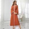 Women's Clothing Orange Round Neck Rhinestone Slim Robe Muslim Dress with Belt