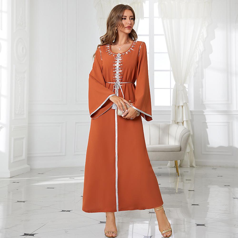 Women's Clothing Orange Round Neck Rhinestone Slim Robe Muslim Dress with Belt