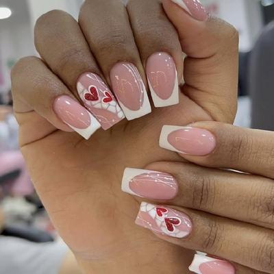 Short Square Press On Nail 24pcs with Sweet Heart Designs French Valentine's Day Nail Accesories for Women and Girls