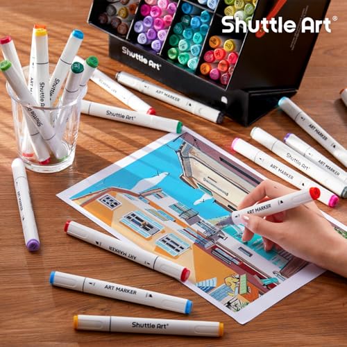 Shuttle Art Illustration Markers, 120 Colors, Blender Pen, 2 Tips, Oil-Based, Waterproof, Quick-Drying, Sketchbook Included, for Comics, Coloring Book