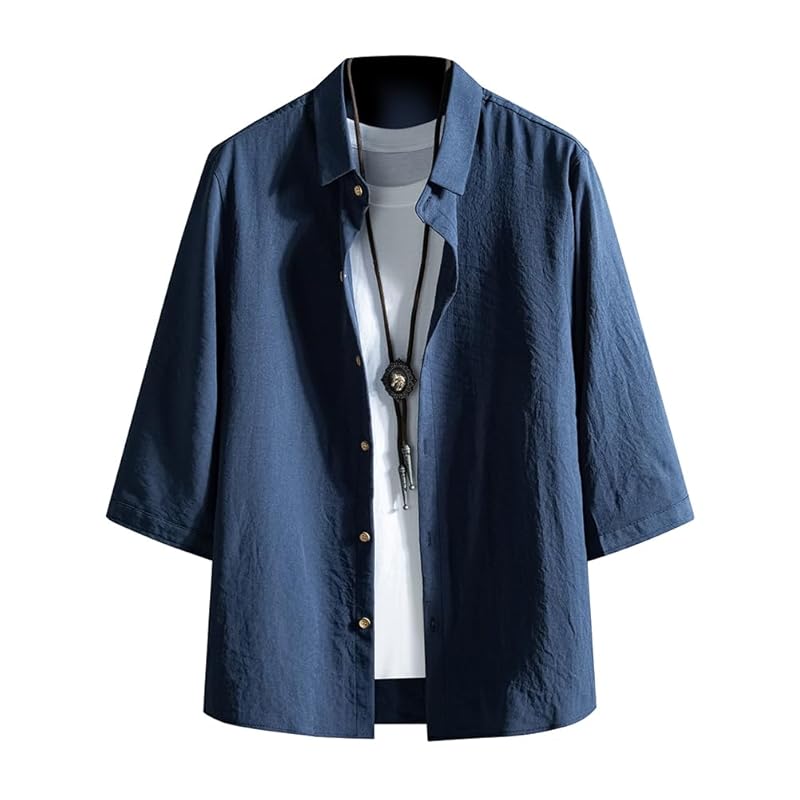 

[FUZHIHUA] men s shirt 3/4 sleeve summer clothes Plain color casual shirt Stylish tops large size Popularity clothes spring summer autumn