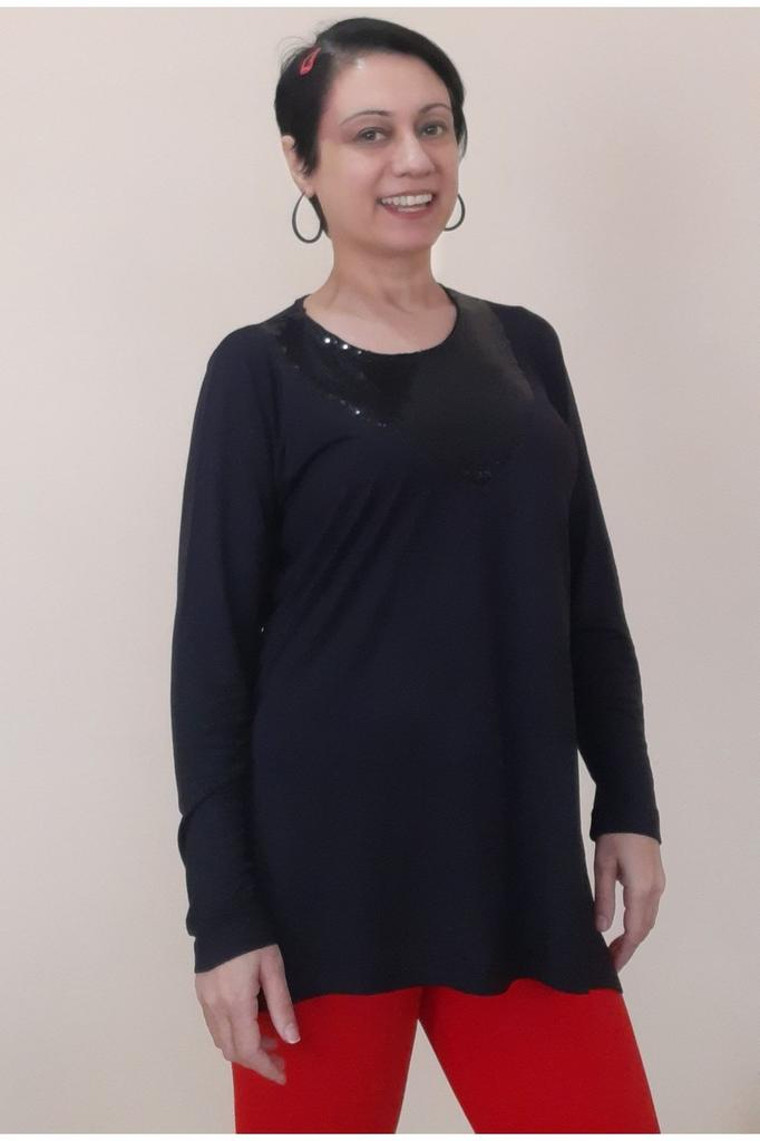 Women's Style Big Size T-Shirt Black Combed Cotton Viscose T-Shirt With Sequin Palette Detail On The Front