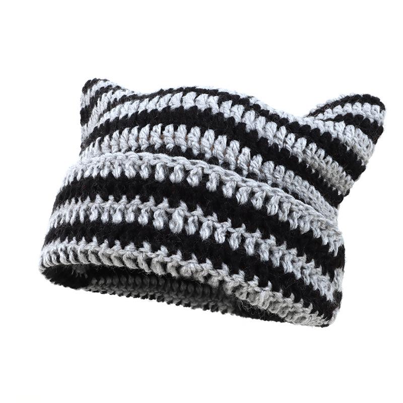 

2025 Japanese Handmade Little Devil Crochet Wool Hat with Stripes and Cute Cat Ears - Cozy and Casual Warmwear One Size