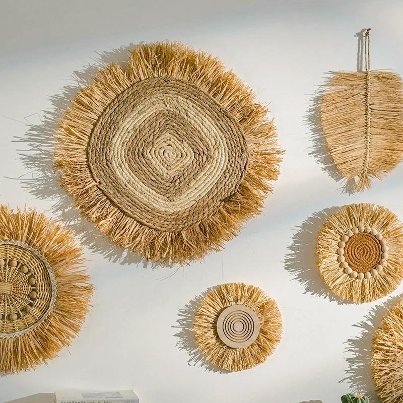 Natural Raffia Woven Bohemian Wall Decoration Round Wall Accents Handmade Scandinavian Hanging Decoration Boho Home Decor