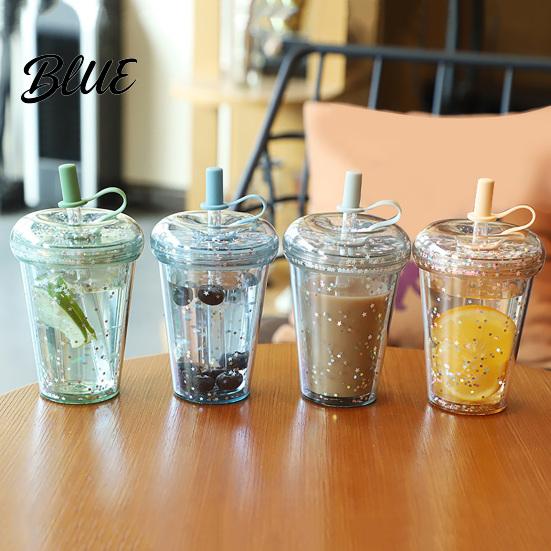 Outdoor Outing Water Container Transparent Straw Cup with Sequins Decor And Leak Proof Reusable Bubble Tea Cup Lid Plastic Sippy for Students Teens