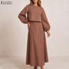 ZANZEA Women Elegant Long Sleeve Blouse and Long Skirts Casual Two Piece Suit Sets