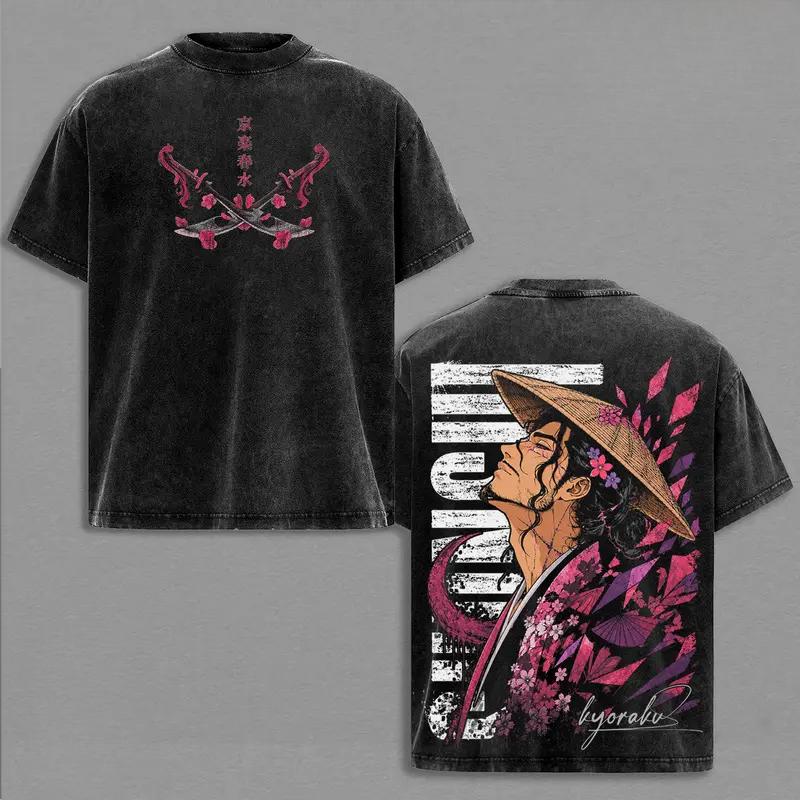 Kyoraku Shunsui Print T-shirt Anime BLEACH Clothing Men Women Cotton Tshirts Retro Washed T Shirt Harajuku Unisex Casual Tops S чёрный