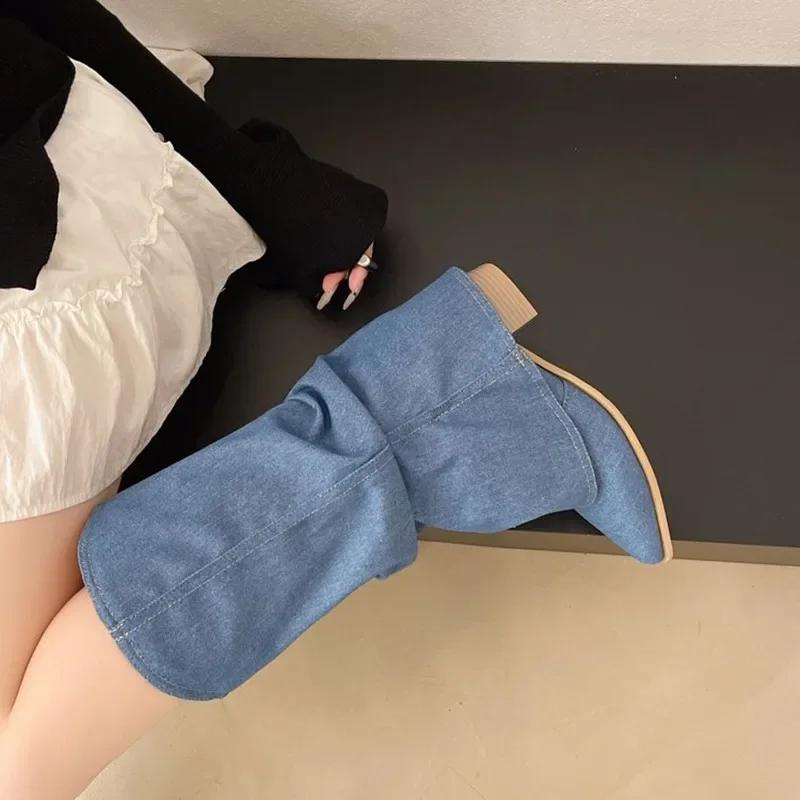 Luxury Designer Brand Pointed Cowboy Single Boots Women's Four Seasons Sleeve Non-Slip Wear-Resistant Square Heel Mid-Cone Boot