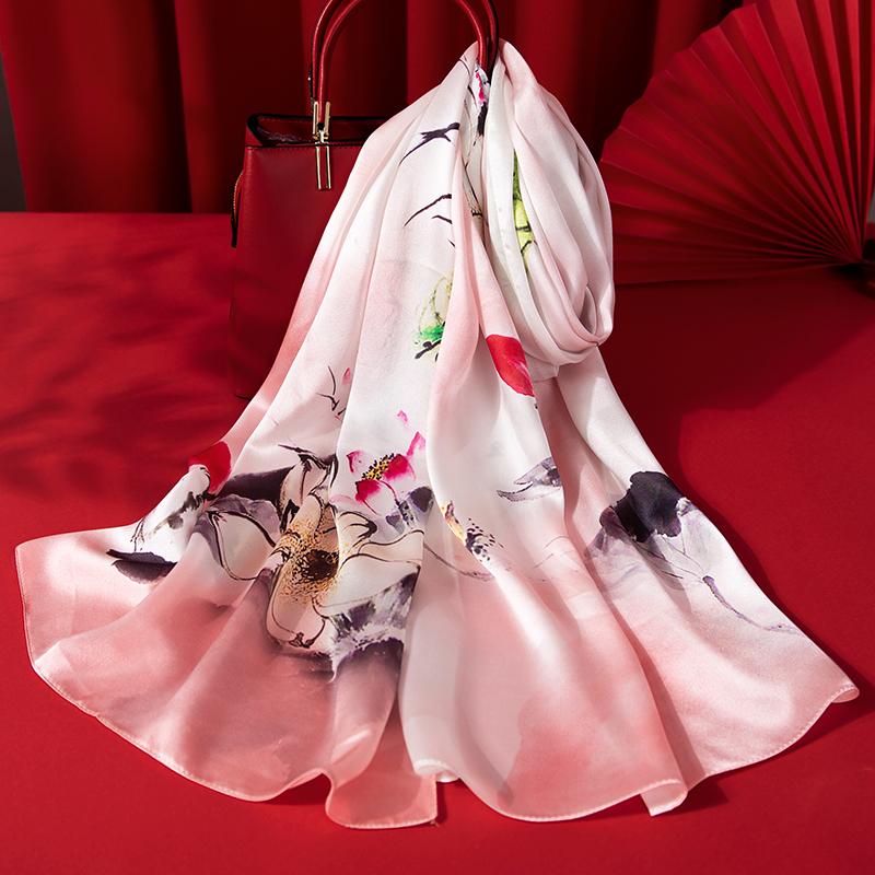 Women Silk Scarf Long Head Scarves Luxury 100% Silk Shawls Wraps Floral Summer Hair Scarf Print Neckscarf Pure Real Silk Scarves