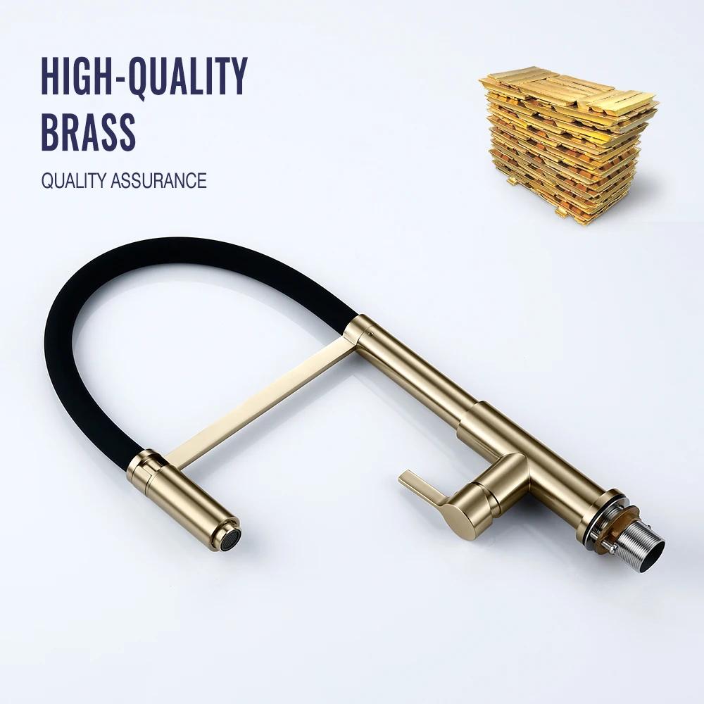 Brushed Gold Kitchen Faucet Hot And Cold Water Tap Black Hose Matte Gold Spout Sink Mixer Made Of Lead Free Copper