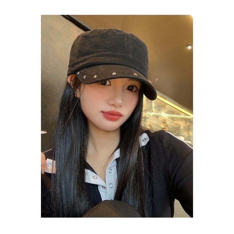 Women S Black Flat Top Beret Hat With Rivets Vintage Street Style Washable Casual