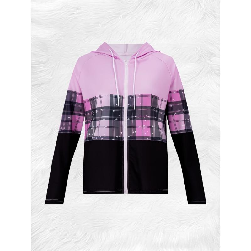 Printed Design Spring and Autumn styles casual style Pink Plaid Black Panel Design hooded jacket