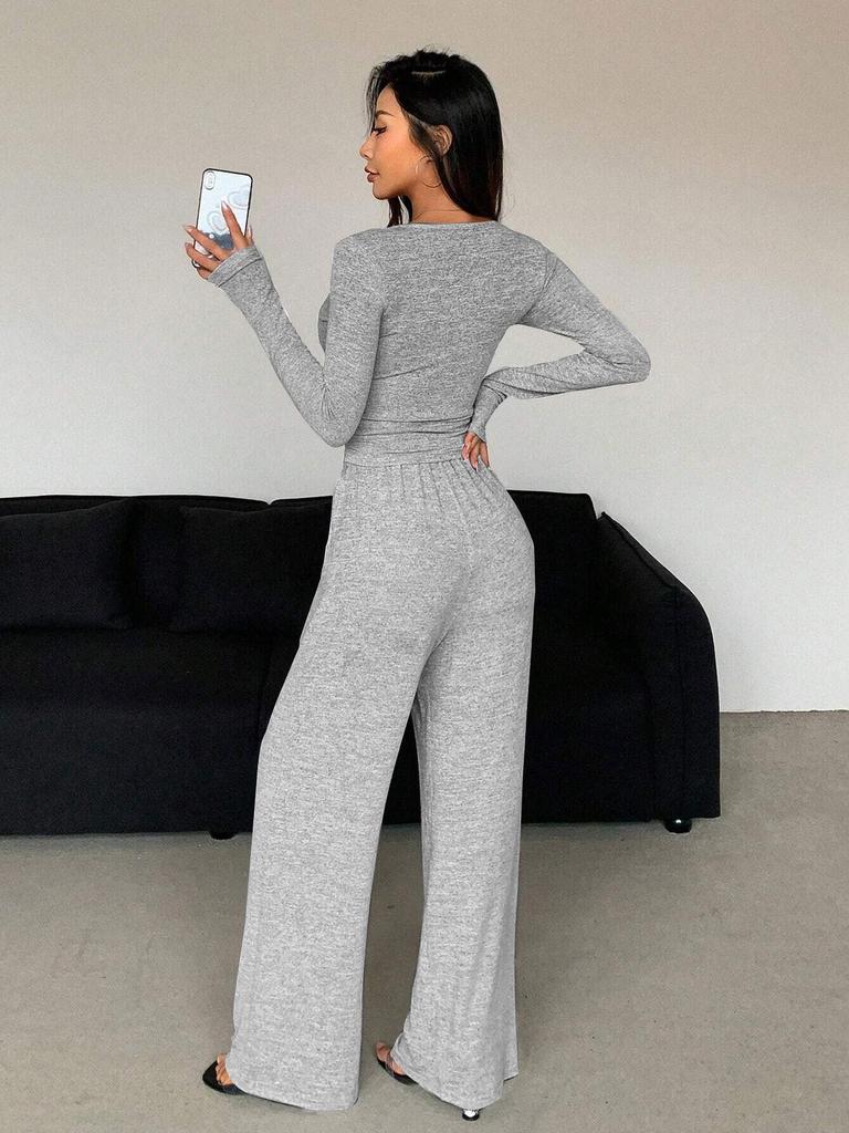 Trendiger Herbst/Winter V-Ausschnitt Weitbeiniger Jumpsuit Set für Damen