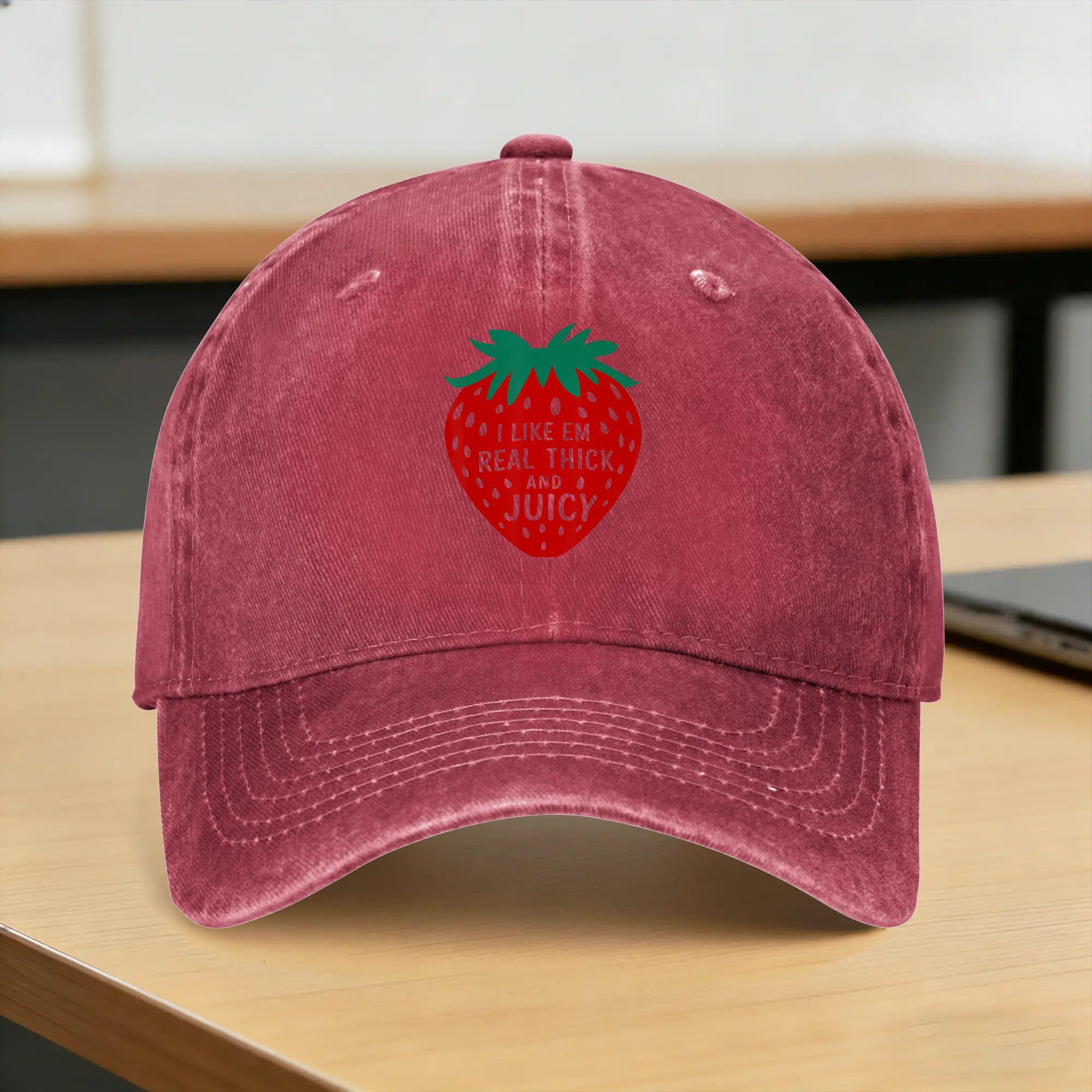 I Like Em Real Thick And Juicy Funny Strawberry Sun Baseball Cap Streetwear Unisex Unisex Washed Hip Hop Hats Hot Sale Baseball Cap One Size