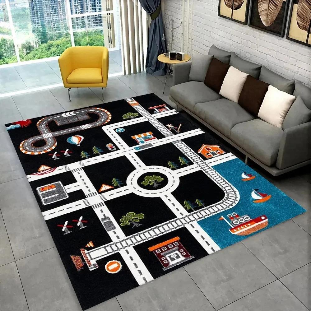 Interactive Highway City Traffic Floor Mat Large Non-Slip Carpet for Playroom Living Room Fun Rug Kids' Bedroom Play Area Decor