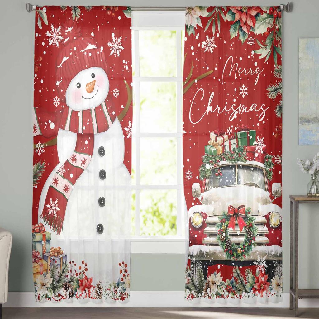 Christmas And Winter Snowman Poinsettia Curtains For Living Room Bedroom Home Decoration Window Voile Tulle Curtain Drapes