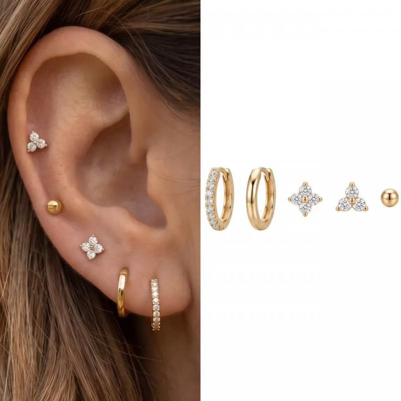 Minimalist Gold Plated Clover Stud Earrings Set With Zircon Accents Women Multi-Hole Ear Piercing Jewelry