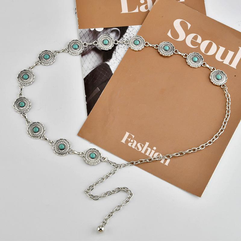 Retro Turquoise Metal Waist Chain Ladies Ethnic Style Body Chain Bohemian Women's Belt