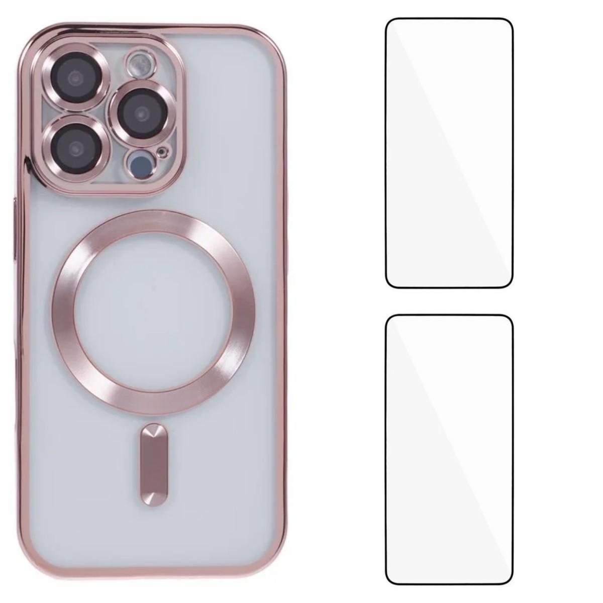 

For iPhone 16 Pro Magnetic Case WANLONFENG Electroplated TPU Cover with Lens Film+2Pcs Tempered Glass Pink