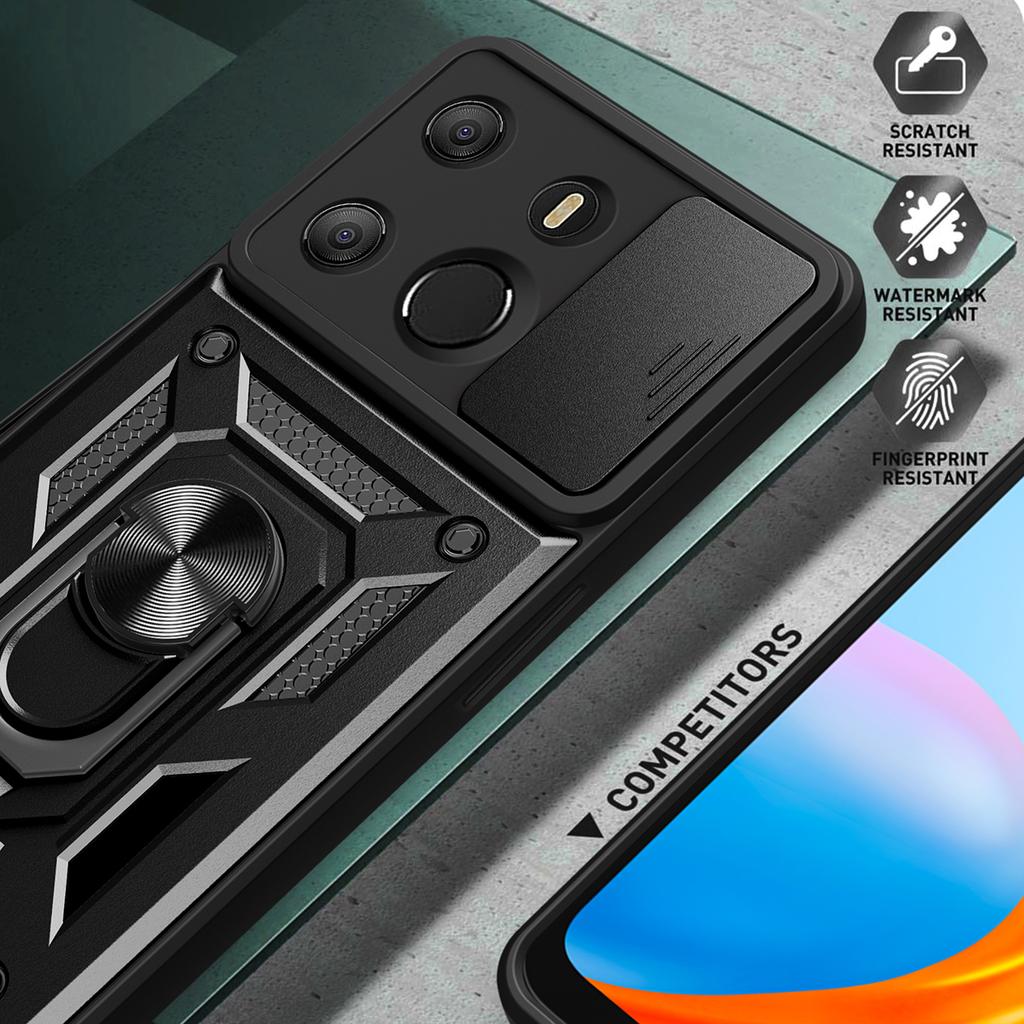 For TECNO Spark Go 2023 4G/Pop 7 Pro 4G Slide Lens Protection Cover Shockproof Kickstand PC+TPU Phone Case