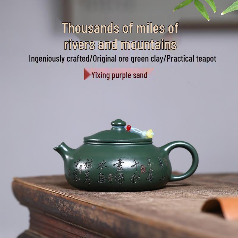 Handmade Yixing Zisha Green Clay Teapot by Qianli Jiangshan - Large Capacity Hanjiang Design 500cc