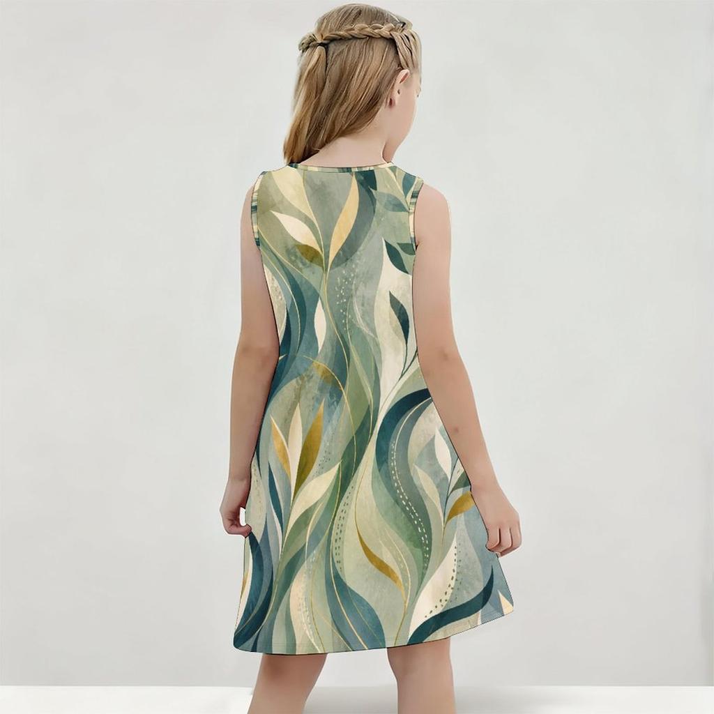 Girls Round Neck Sleeveless Tropical Leaves Printed A Line Flared Dress
