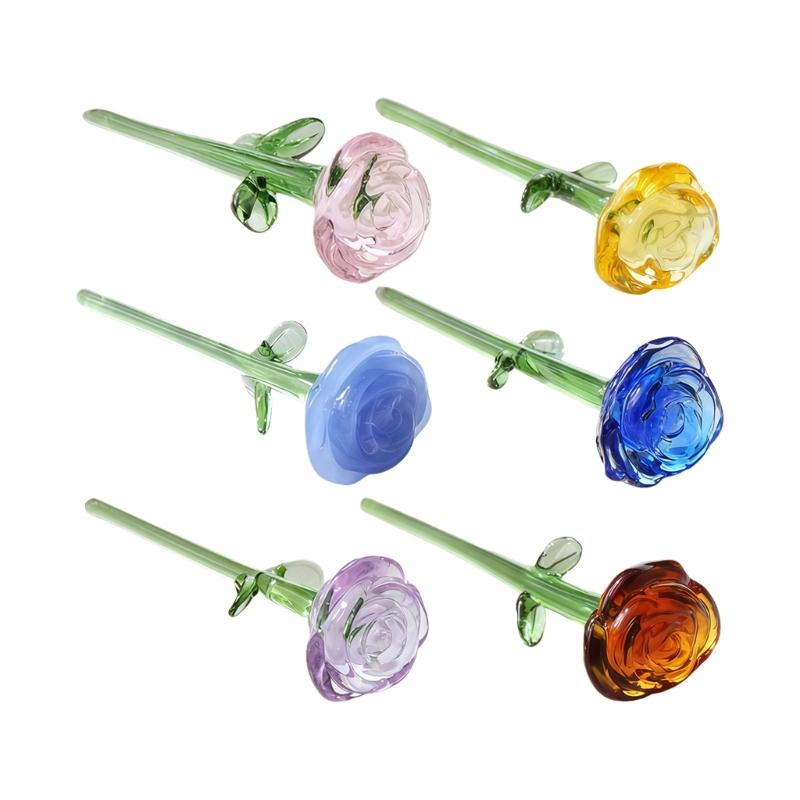 Miniature Crystal Rose Flower Figurine with Crystal Vase Handmade Rose Bouquet Gift for Mom Women Collectible Ornaments