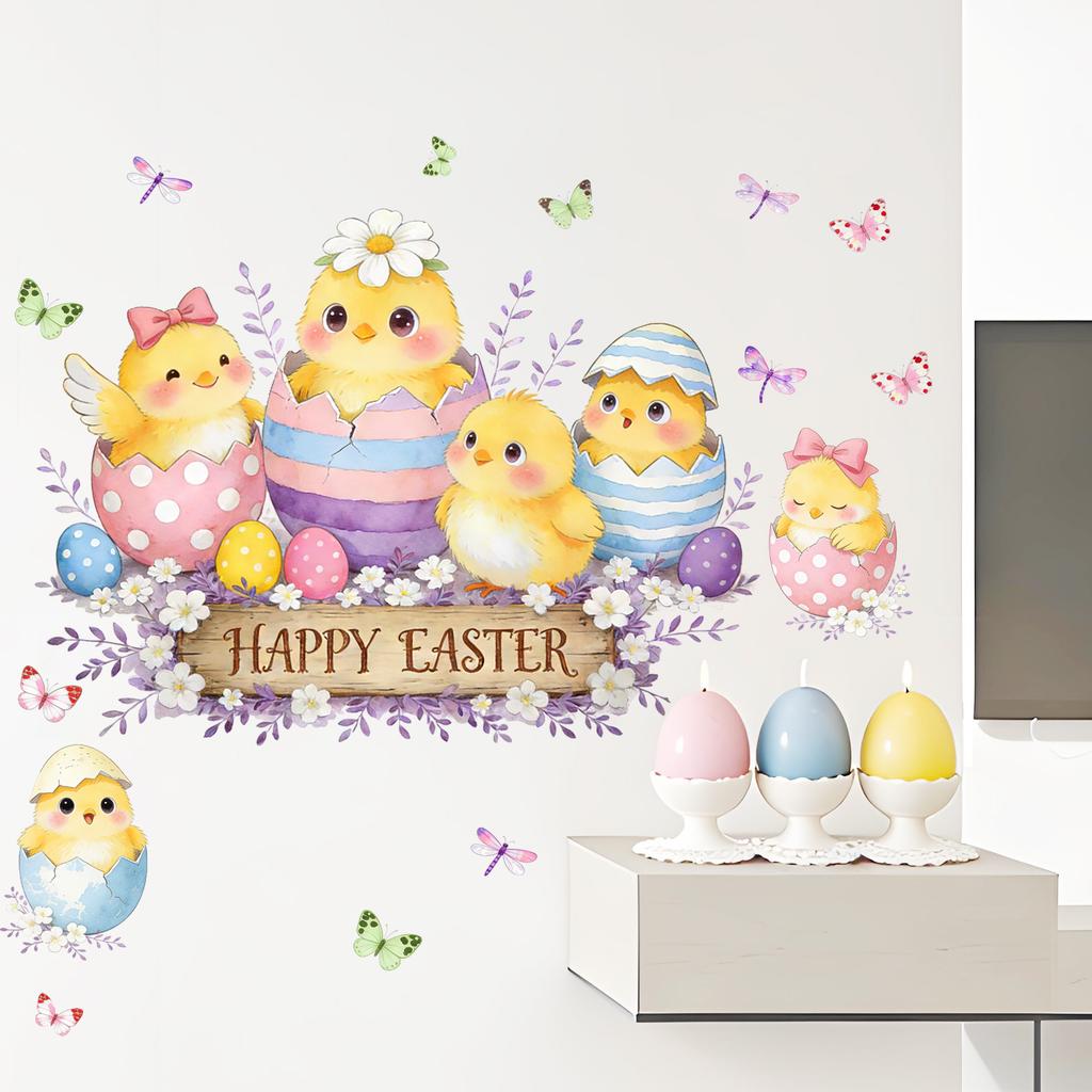 Happy Easter Cartoon Cute Chick Dragonfly Butterfly Wall Sticker Bedroom Living Room Home Decoration Self-Adhesive
