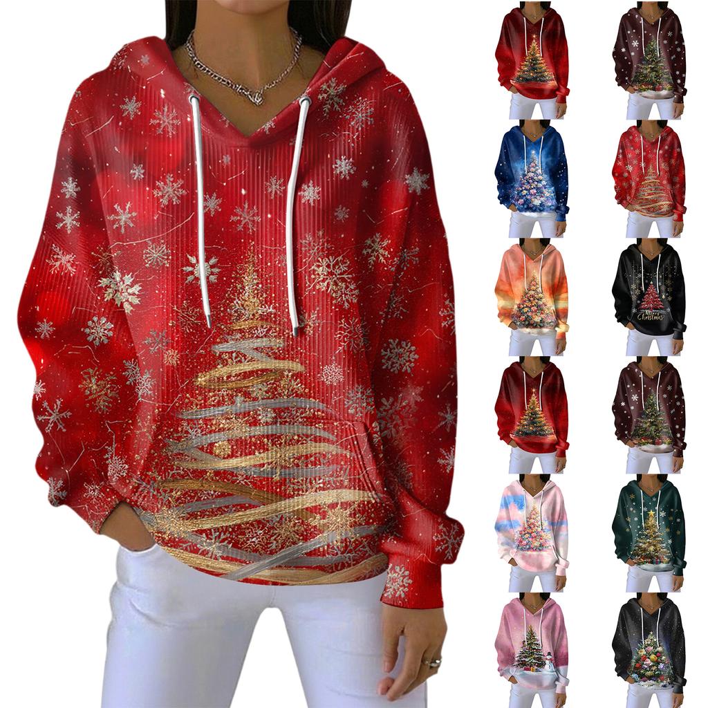 Women's Loose Comfortable Casual Fashion V-Neck Christmas Print Long Sleeve Hoodie