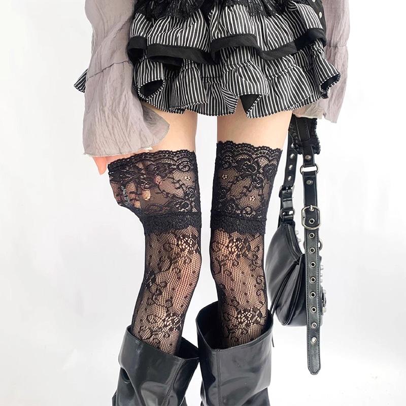 Women Sexy Lace Floral Fishnet Stockings JK Lolita Thigh High Socks Mesh Breathable Over The Knee Stockings for Ladies