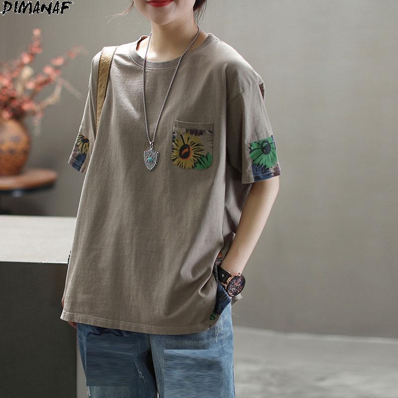 Dimanaf Summer Women T-Shirt Cotton Tshirt Fashion Floral Print Patchwork Tops Tees Home Wear Shirt Loose Casual